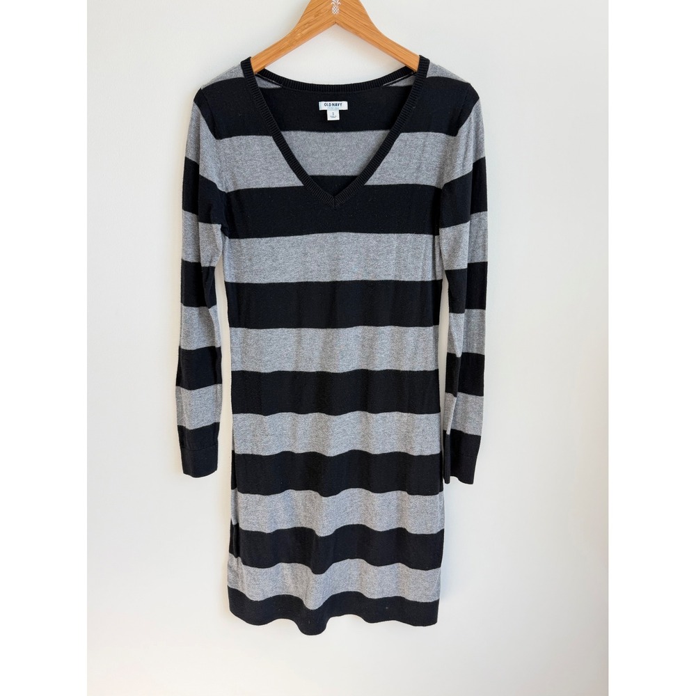 Old Navy Y2K Striped Sweater Dress Black Gray V Neck Preppy Grunge Mini